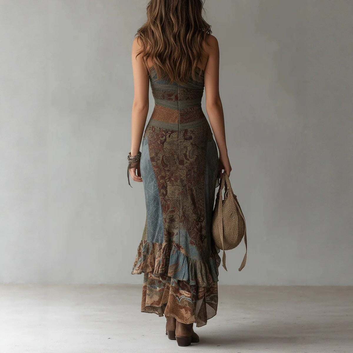 Vestido lencero asimétrico con estampado de retales retro – Vestido maxi bohemio de cintura alta con abertura alta