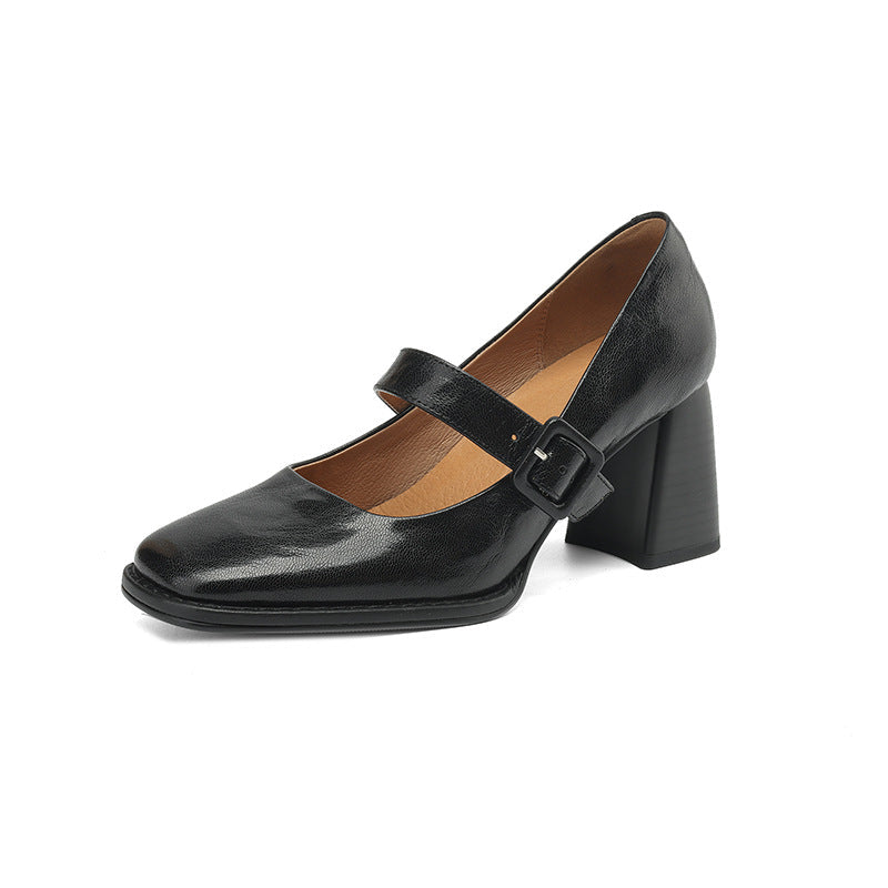 Zapatos de tacón Mary Jane de piel de oveja para mujer – Zapatos de tacón grueso con puntera cuadrada y hebilla