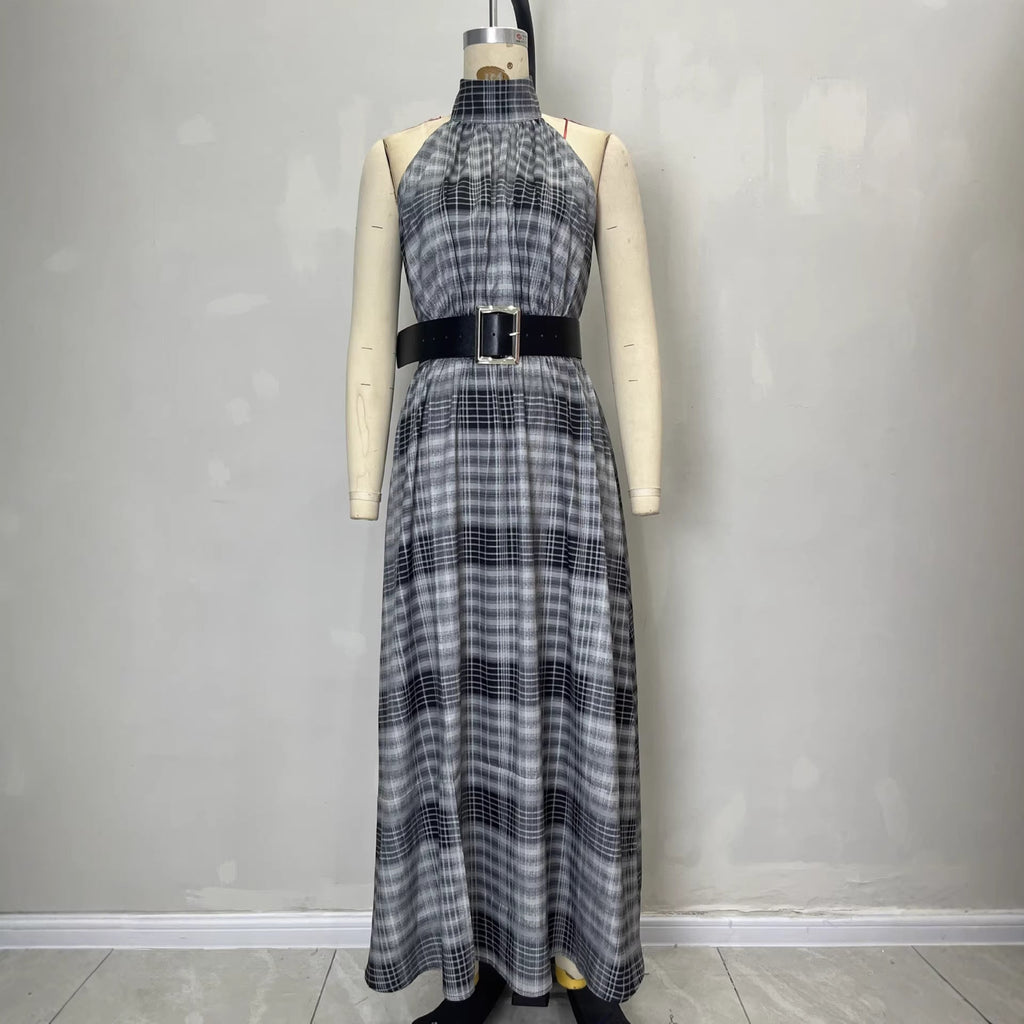 Vestido largo sin mangas con cuello halter a cuadros y cintura alta para mujer – Cuadros blancos y negros