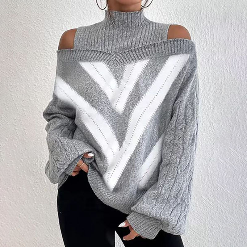Suéter elegante de cuello alto y hombros descubiertos para mujer - Top de punto de manga larga