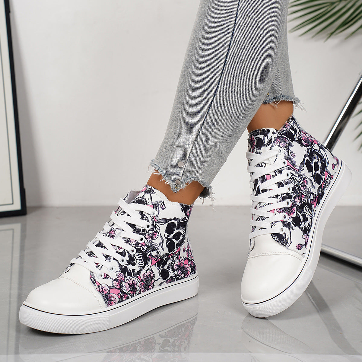 Zapatillas altas de lona para mujer – Zapatos planos informales con cordones