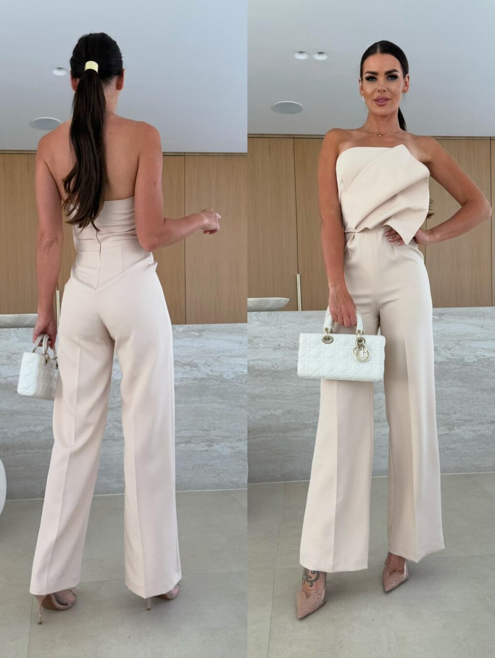 Mono halter sin espalda, con cintura alta y pernera ancha, estilo bodycon, de colores dulces
