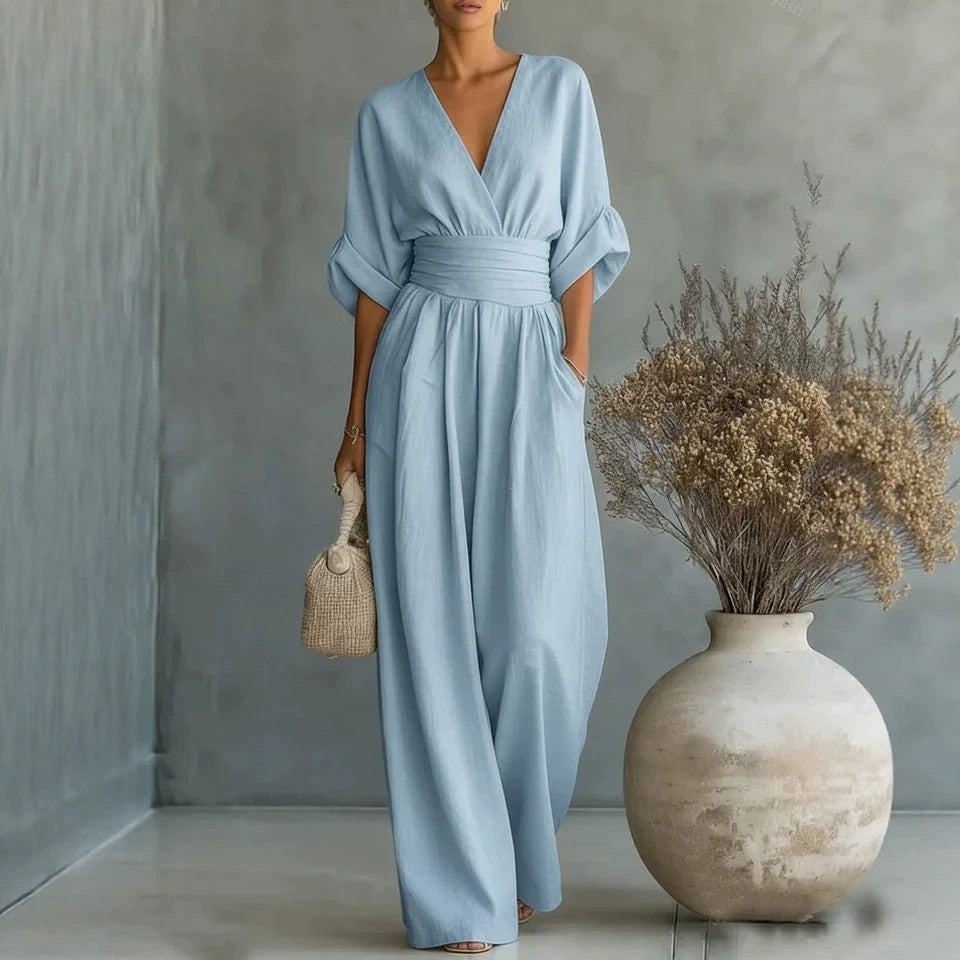 Mono de mujer con cuello de pico y pernera ancha – Plisado elegante de talle alto 11 colores S–5XL