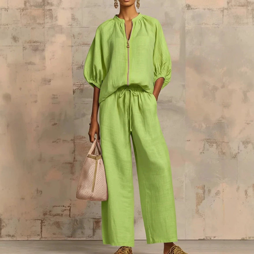 Conjunto de pantalón de pernera ancha con cremallera y cuello redondo informal para mujer