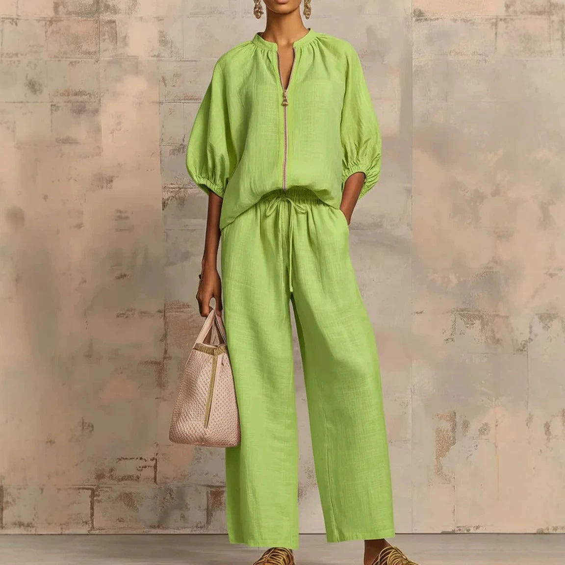 Conjunto de pantalón de pernera ancha con cremallera y cuello redondo informal para mujer