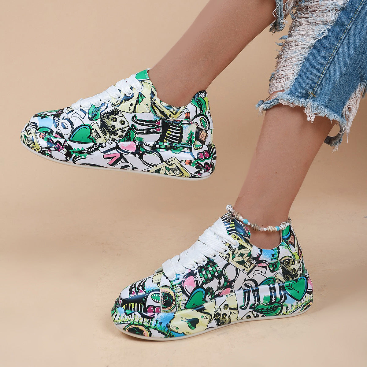 Zapatillas con Cordones de Punta Redonda y Suela Gruesa — Zapatos Casuales Estampados para Mujer