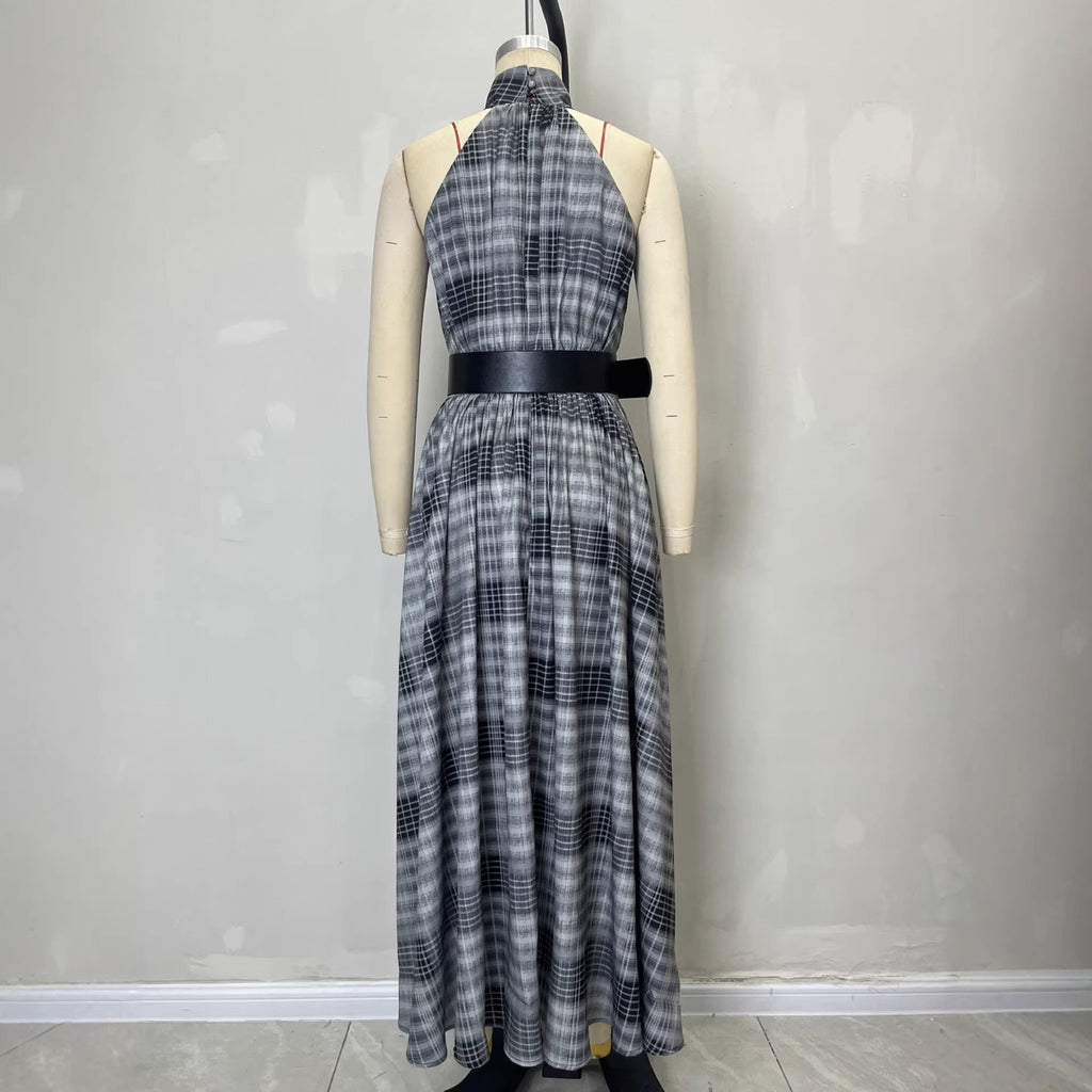 Vestido largo sin mangas con cuello halter a cuadros y cintura alta para mujer – Cuadros blancos y negros