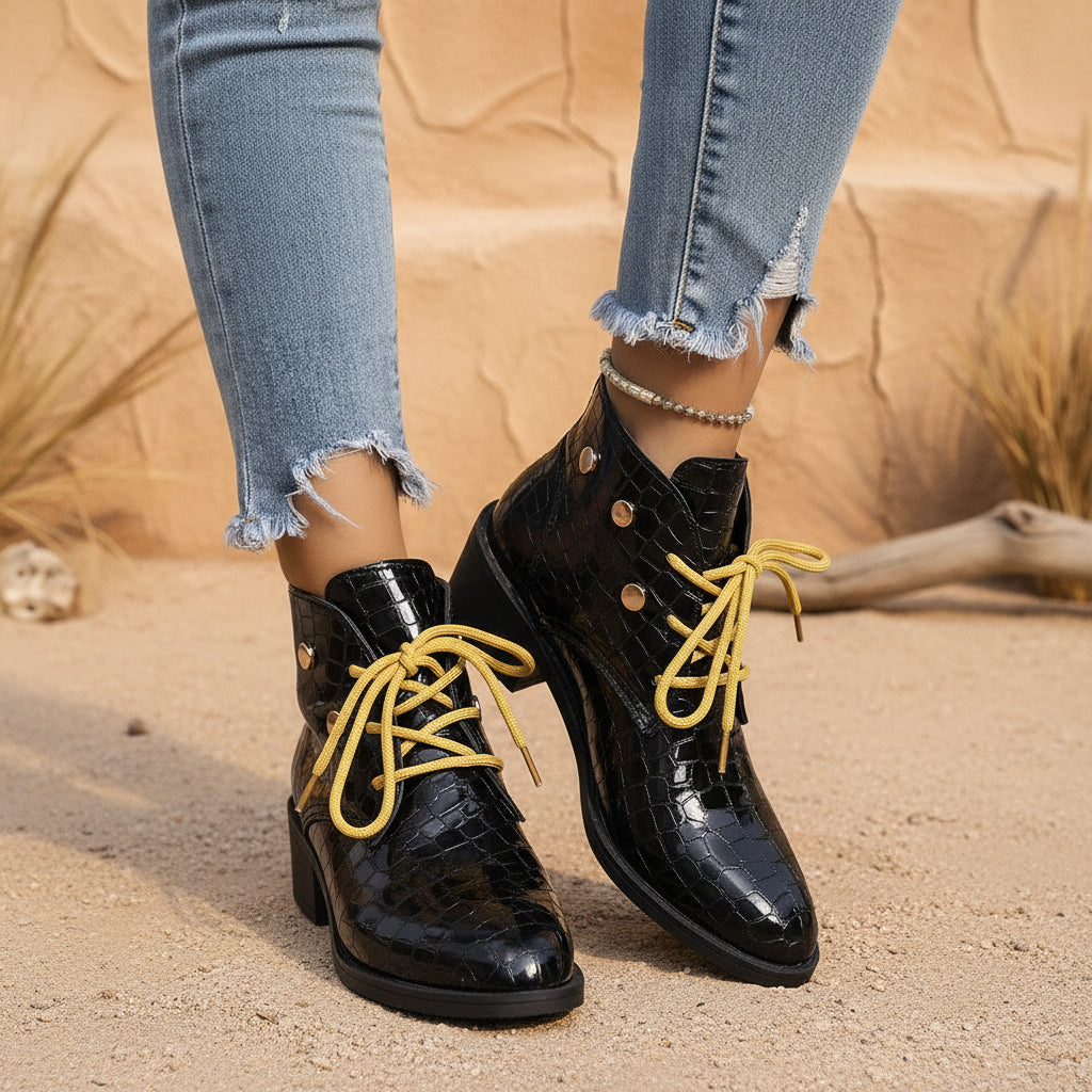 Botines de tacón grueso con punta fina y cordones para mujer