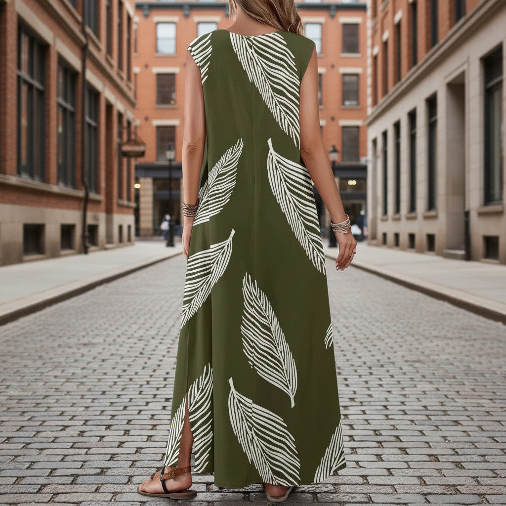 Maxivestido estampado sin mangas con cuello de pico y talle alto | 3 colores