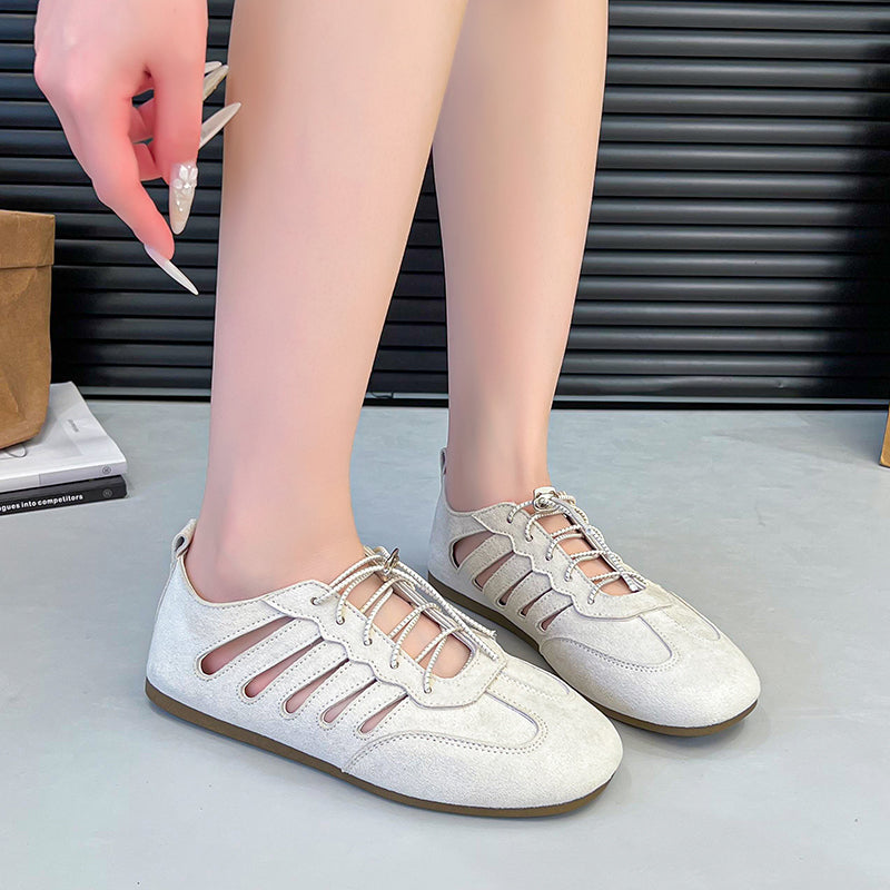 Zapatos Planos Mary Jane con Tacón Escondido y Cordones para Mujer - Estilo Francés Calado