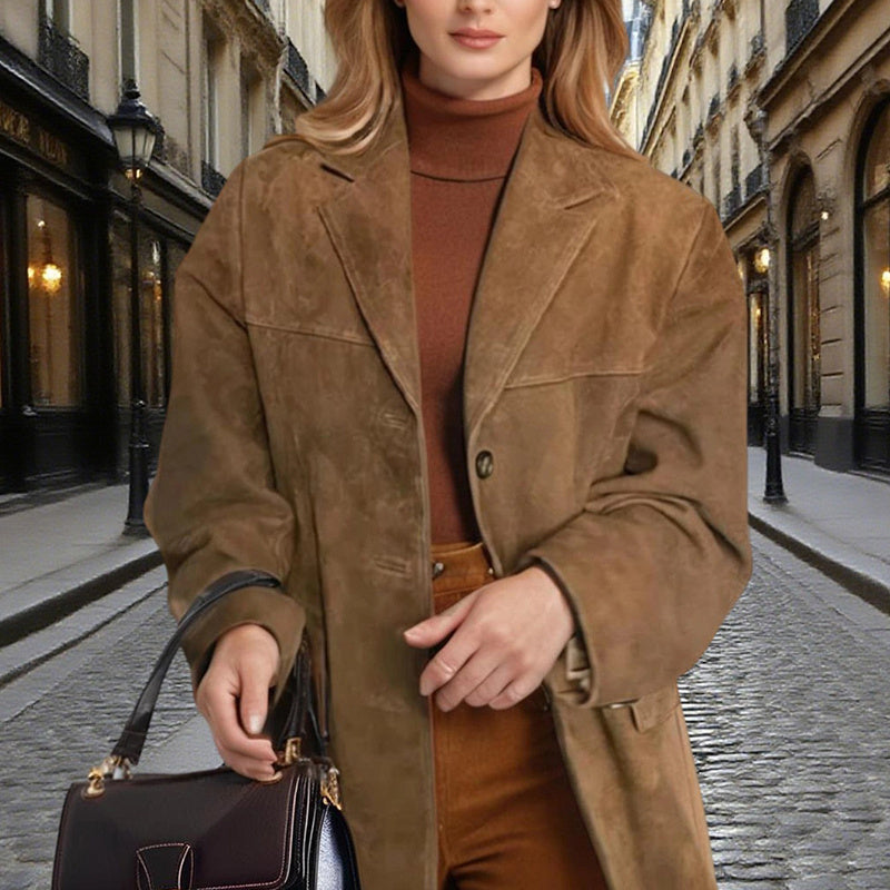 Chaqueta tipo blazer con apariencia de ante — Solapa con muesca en V, abrigo informal con botones delanteros