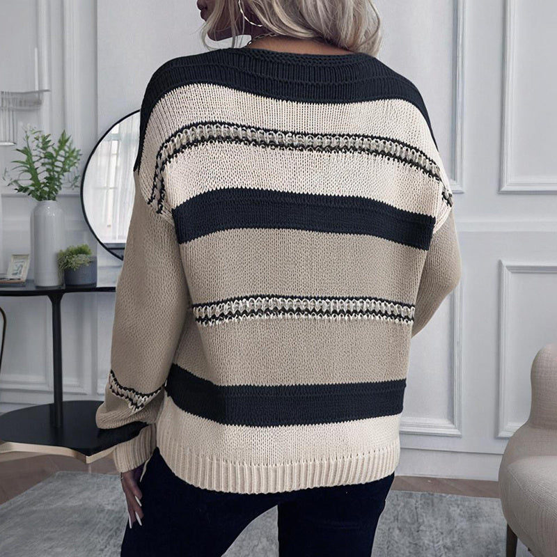 Suéter de punto elástico de manga larga con cuello en V a rayas estilo vintage francés para mujer