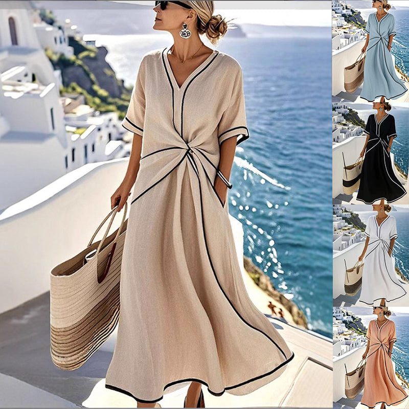 Vestido Largo Estampado de Rayas – Vestido de Manga Corta para Vacaciones en la Playa