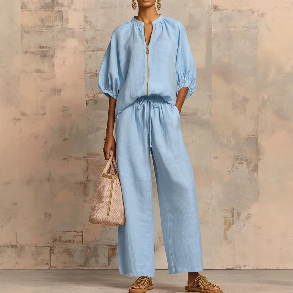 Conjunto de pantalón de pernera ancha con cremallera y cuello redondo informal para mujer