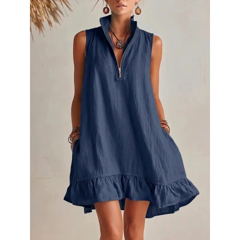 Women's Casual Loose Half-Zip Sleeveless Dress with Ruffle Hem