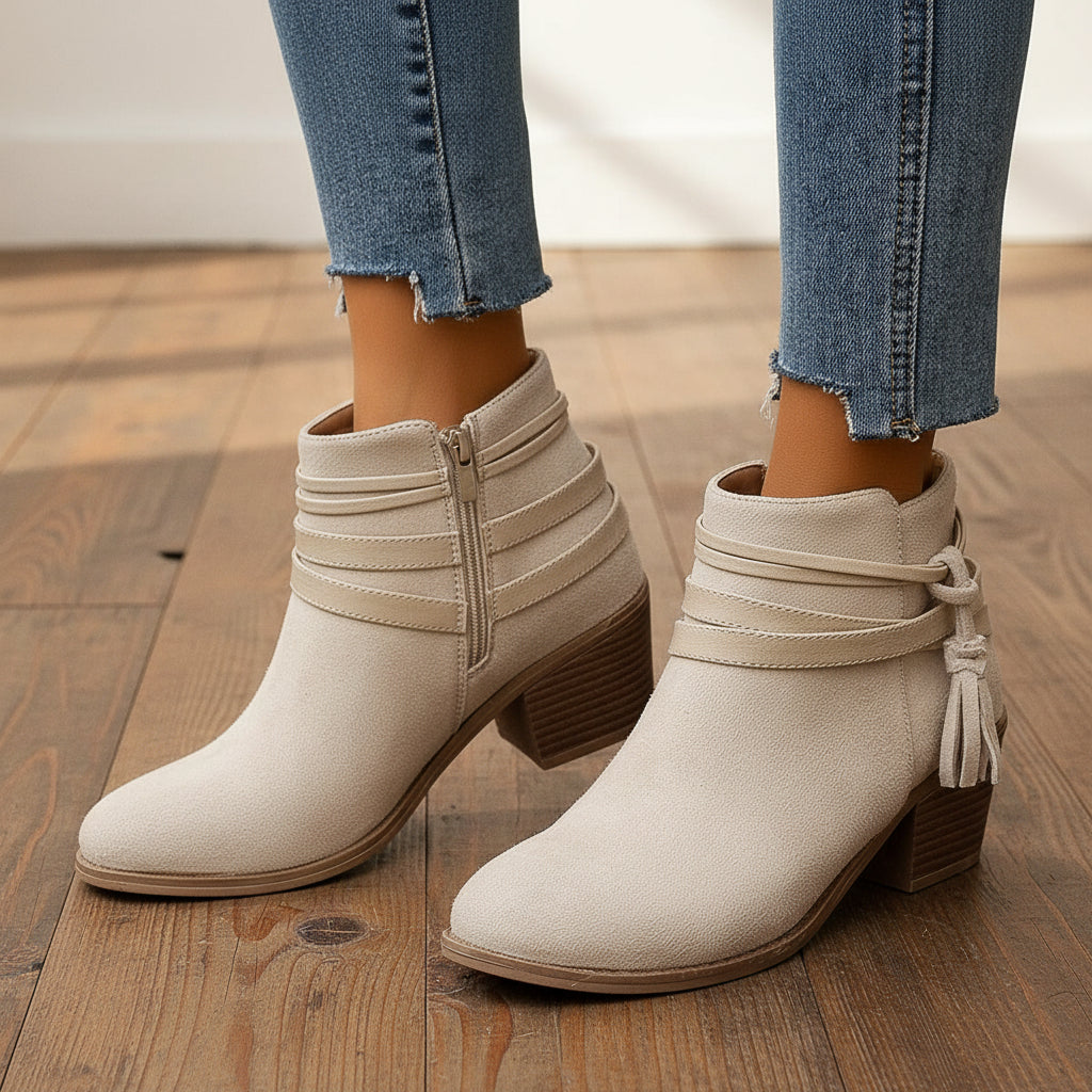 Women's Suede Chunky Heel Ankle Boots – Tassel Strap Side Zipper