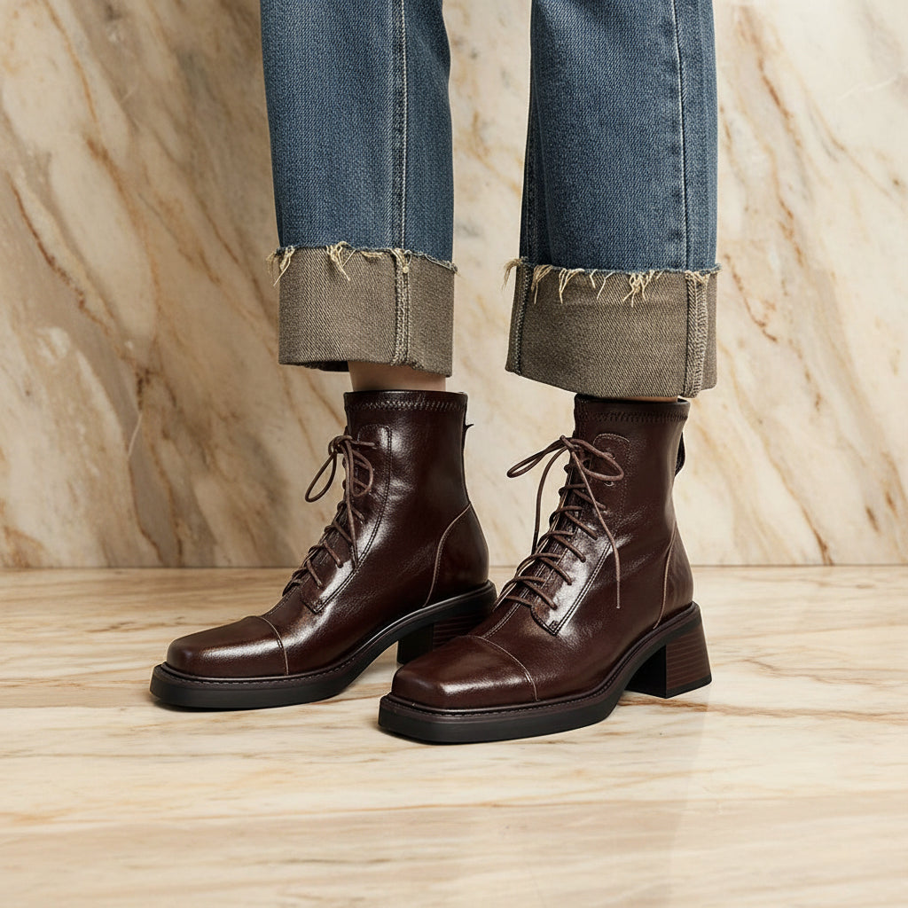 Lace-Up Square Toe Martin Boots | Block Heel Short Ankle Boot