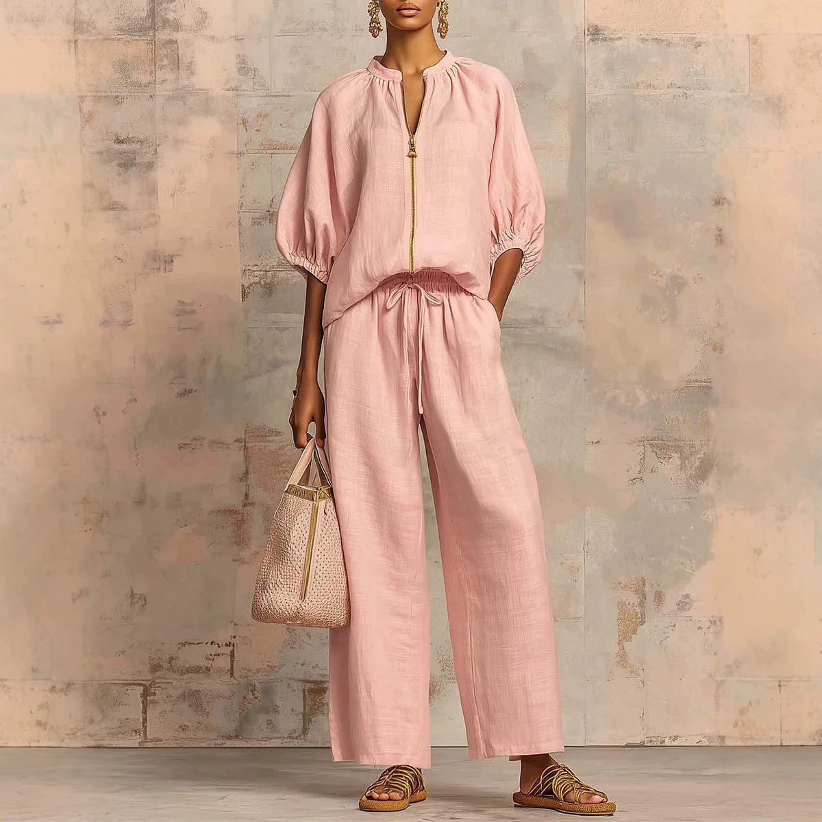 Conjunto de pantalón de pernera ancha con cremallera y cuello redondo informal para mujer