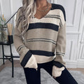 Suéter de punto elástico de manga larga con cuello en V a rayas estilo vintage francés para mujer