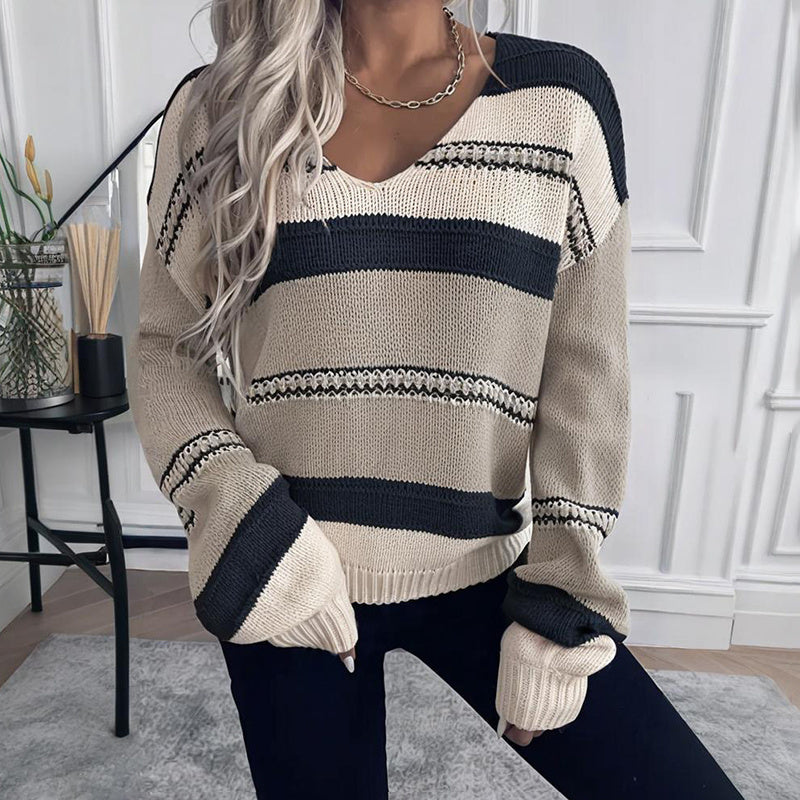 Suéter de punto elástico de manga larga con cuello en V a rayas estilo vintage francés para mujer
