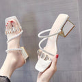 Sandalias Deslizantes de Una Sola Tira con Estrás Estilo Coreano para Mujer – Tacón Medio Grueso