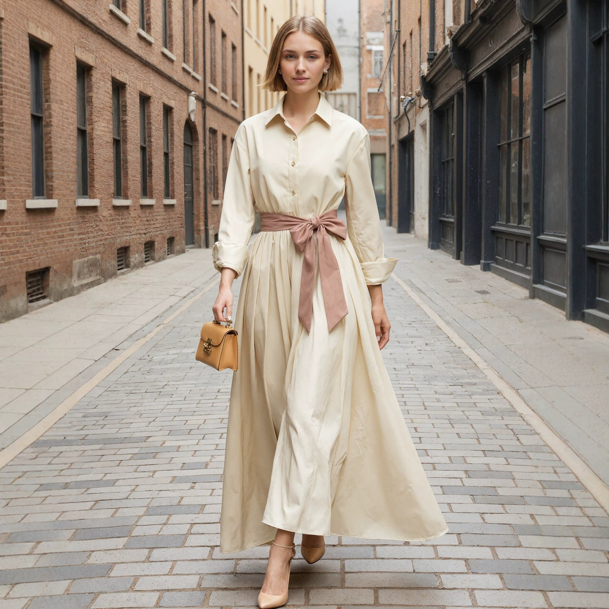Vestido largo de manga larga con cuello tipo polo y cintura alta para mujer – Vestido liso con botones
