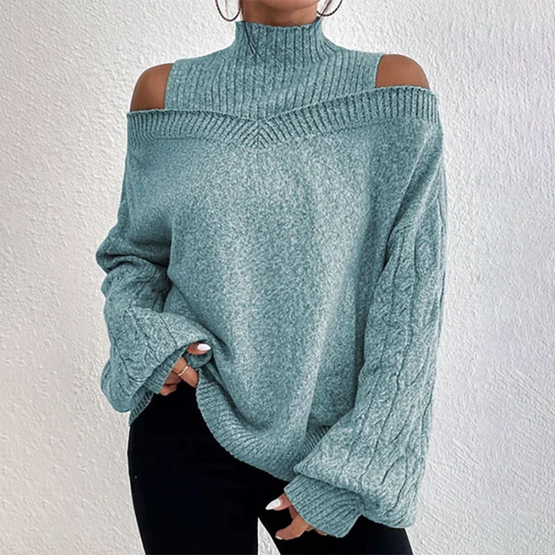 Suéter elegante de cuello alto y hombros descubiertos para mujer - Top de punto de manga larga