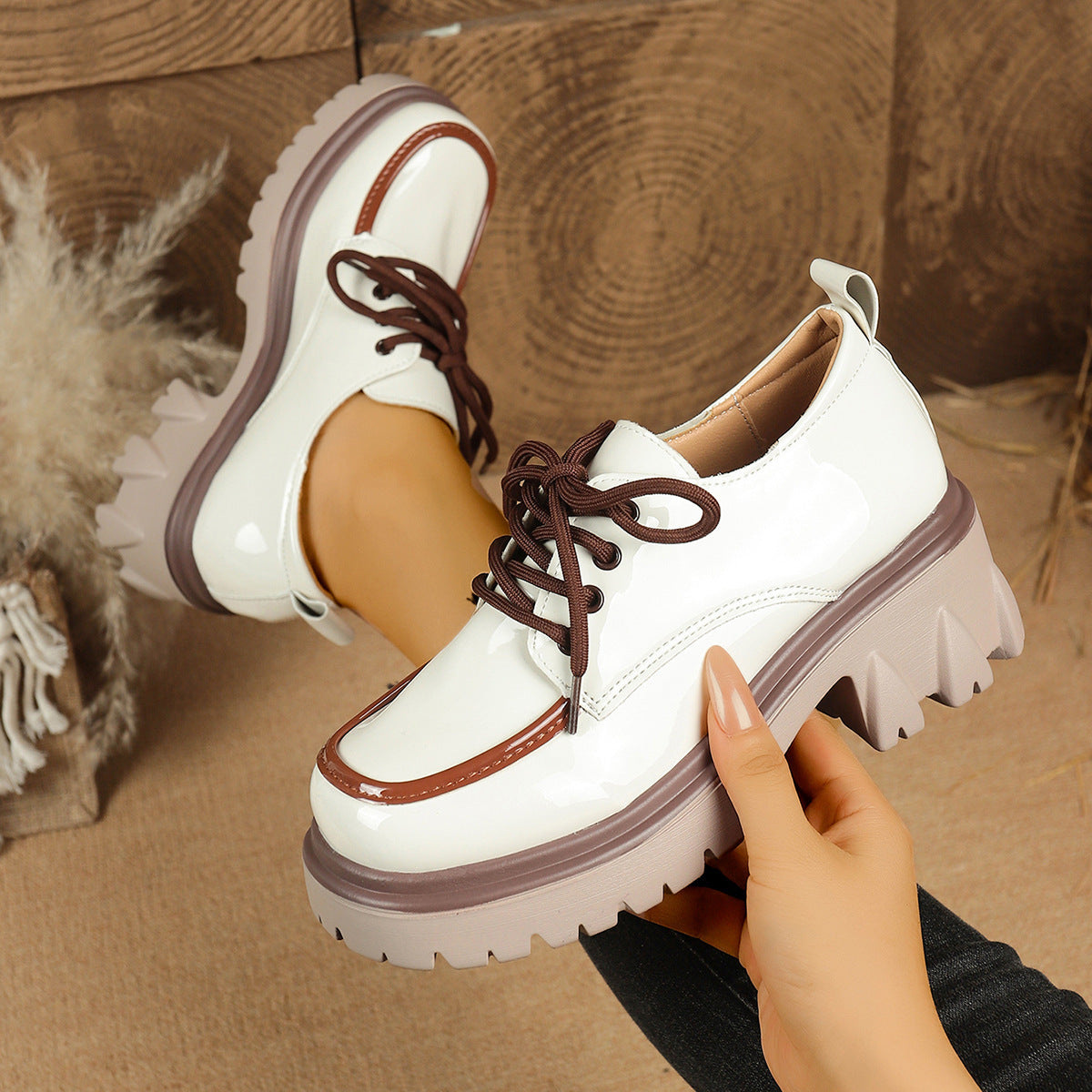 Zapatos de tacón grueso con cordones para mujer – Punta redonda vintage que aumenta la altura