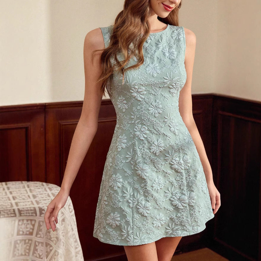 Vestido midi sin mangas de jacquard para mujer – Ajuste ceñido estilo minimalista francés