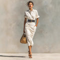 Vestido maxi camisero de cintura alta para mujer - Vestido largo liso con puños abotonados