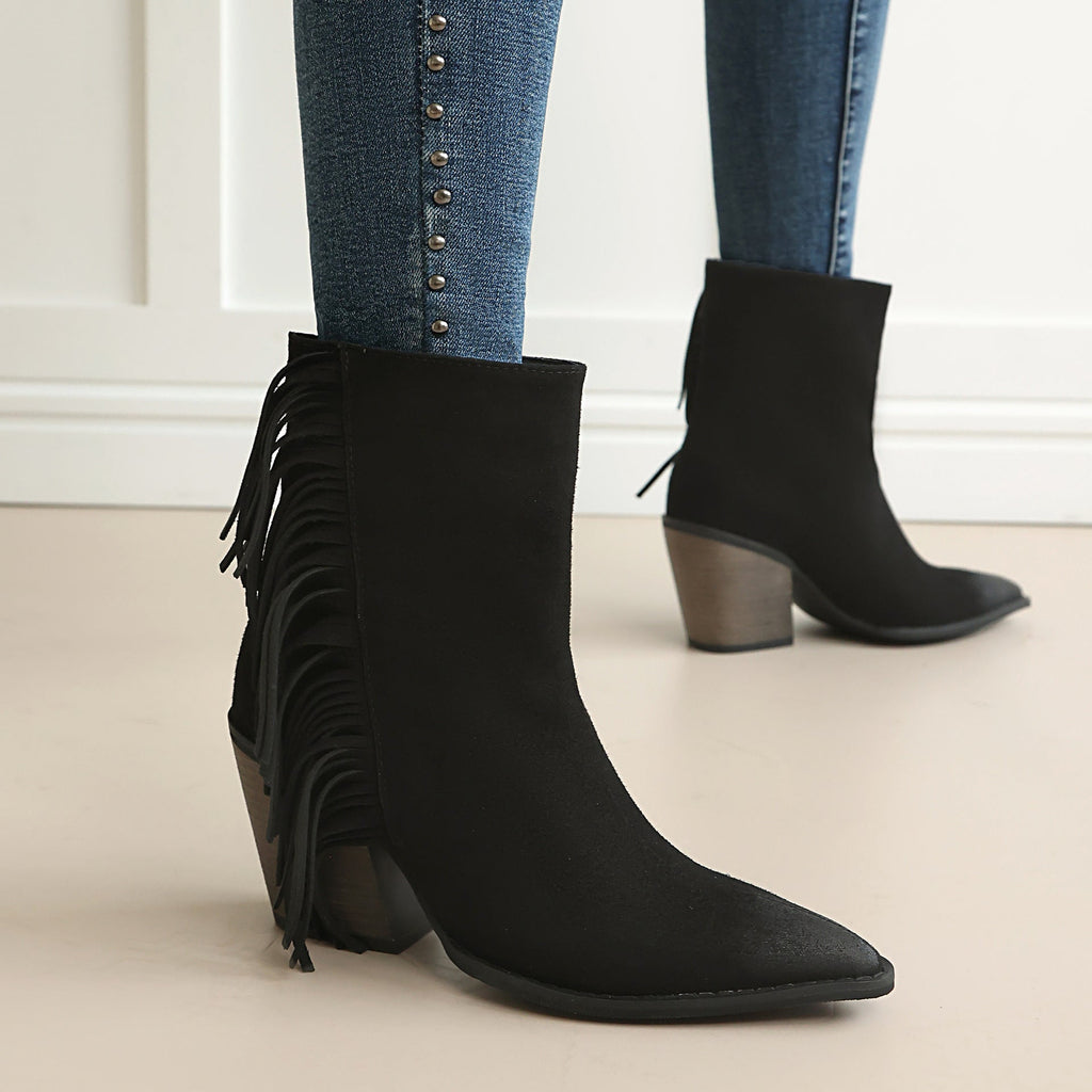 Women's Western Fringe Ankle Boots | Pointed Toe Chunky Heel