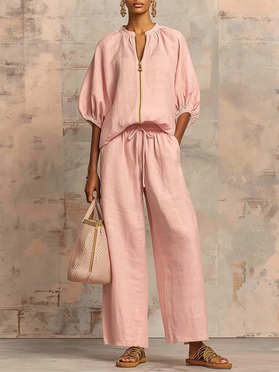 Conjunto de pantalón de pernera ancha con cremallera y cuello redondo informal para mujer