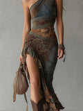 Vestido lencero asimétrico con estampado de retales retro – Vestido maxi bohemio de cintura alta con abertura alta