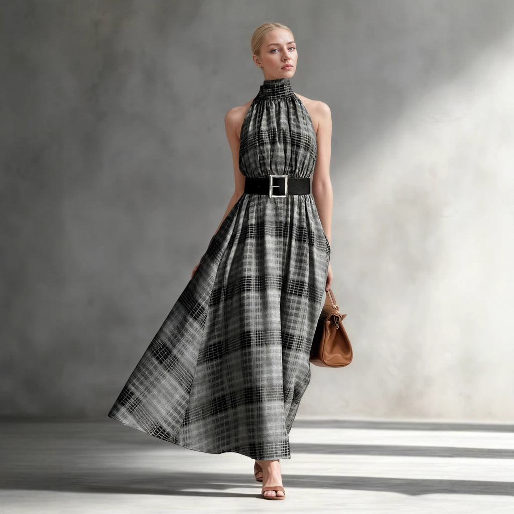 Vestido largo sin mangas con cuello halter a cuadros y cintura alta para mujer – Cuadros blancos y negros