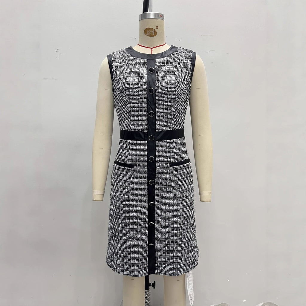 Vestido mini acampanado sin mangas de tweed vintage para mujer – Vestido tipo chaleco con ribete de cuero