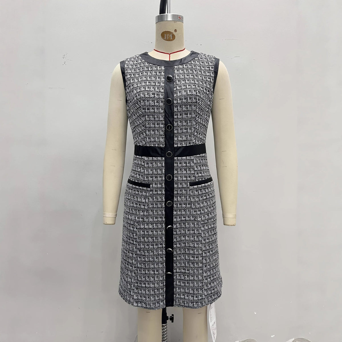 Vestido mini acampanado sin mangas de tweed vintage para mujer – Vestido tipo chaleco con ribete de cuero