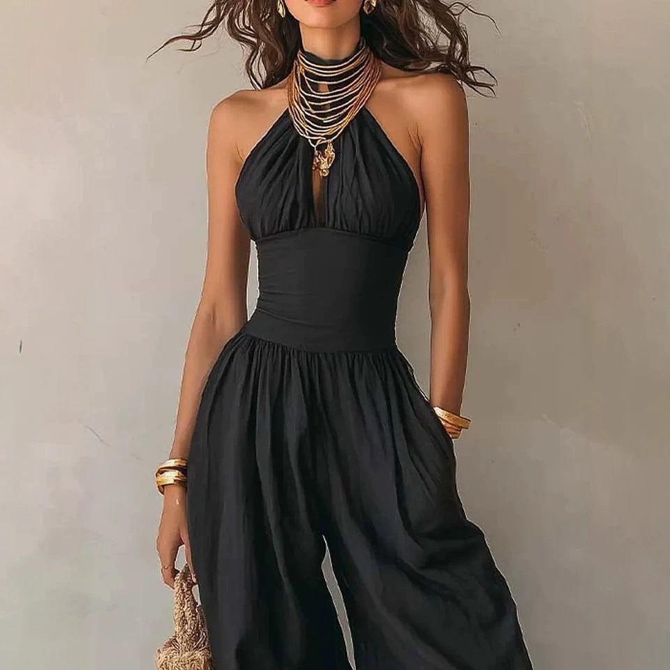 Mono de mujer con cuello halter sin mangas | Mono ancho casual entallado en negro
