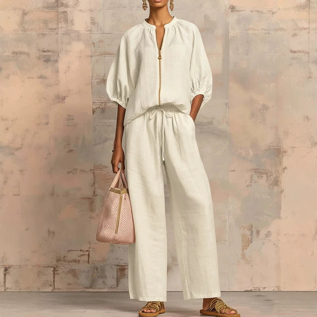 Conjunto de pantalón de pernera ancha con cremallera y cuello redondo informal para mujer