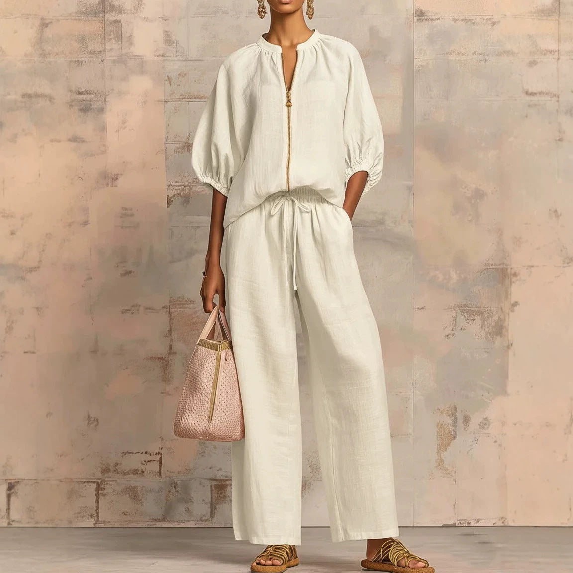 Conjunto de pantalón de pernera ancha con cremallera y cuello redondo informal para mujer