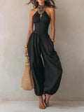 Mono de mujer con cuello halter sin mangas | Mono ancho casual entallado en negro