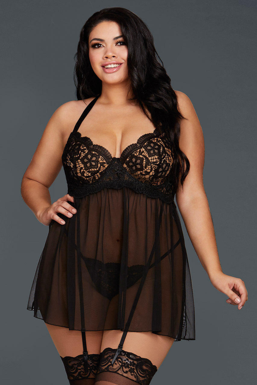 Plus Size Mesh Garter Babydoll