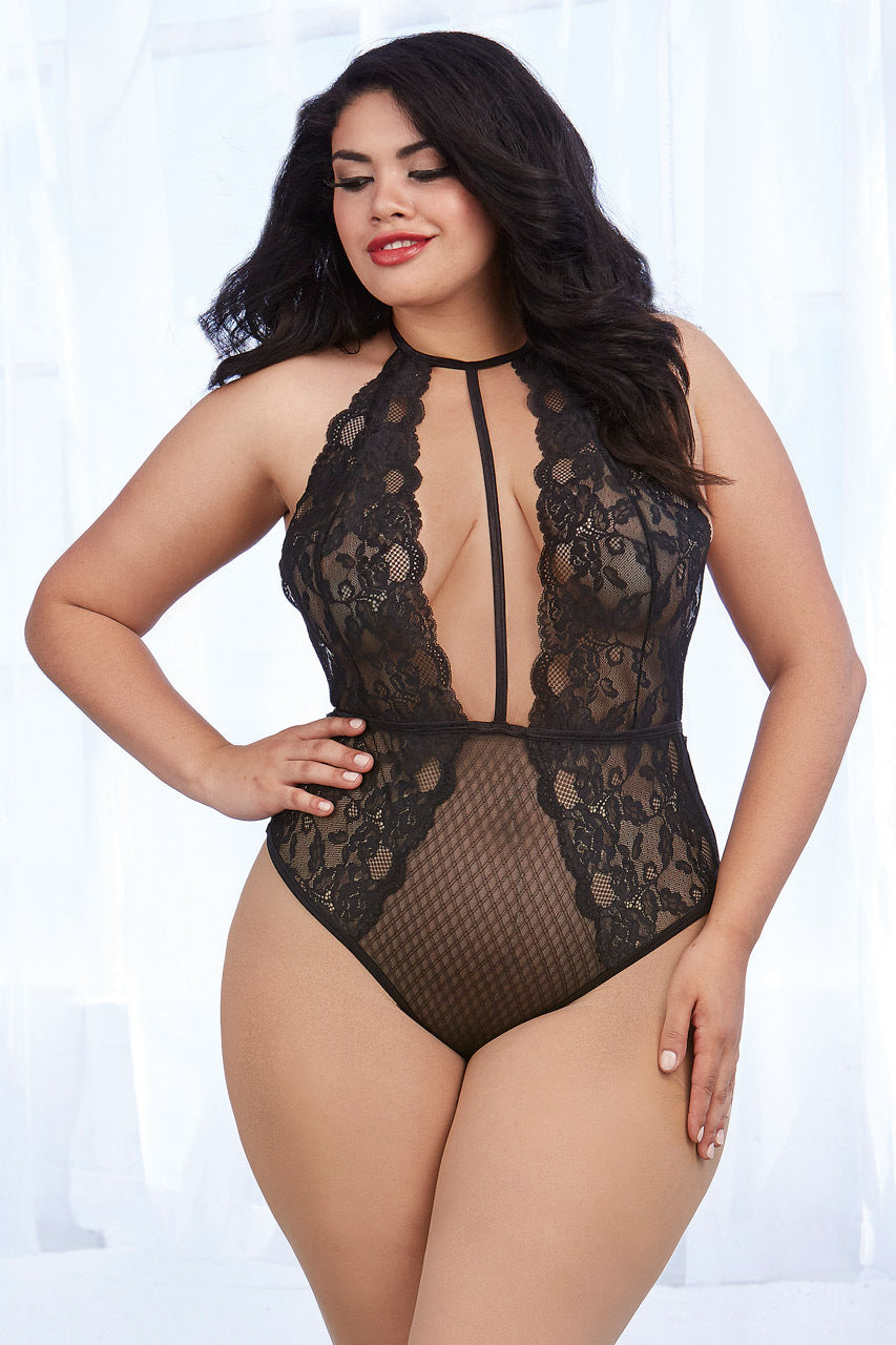 Plus Size Lace and Patterned Mesh Teddy
