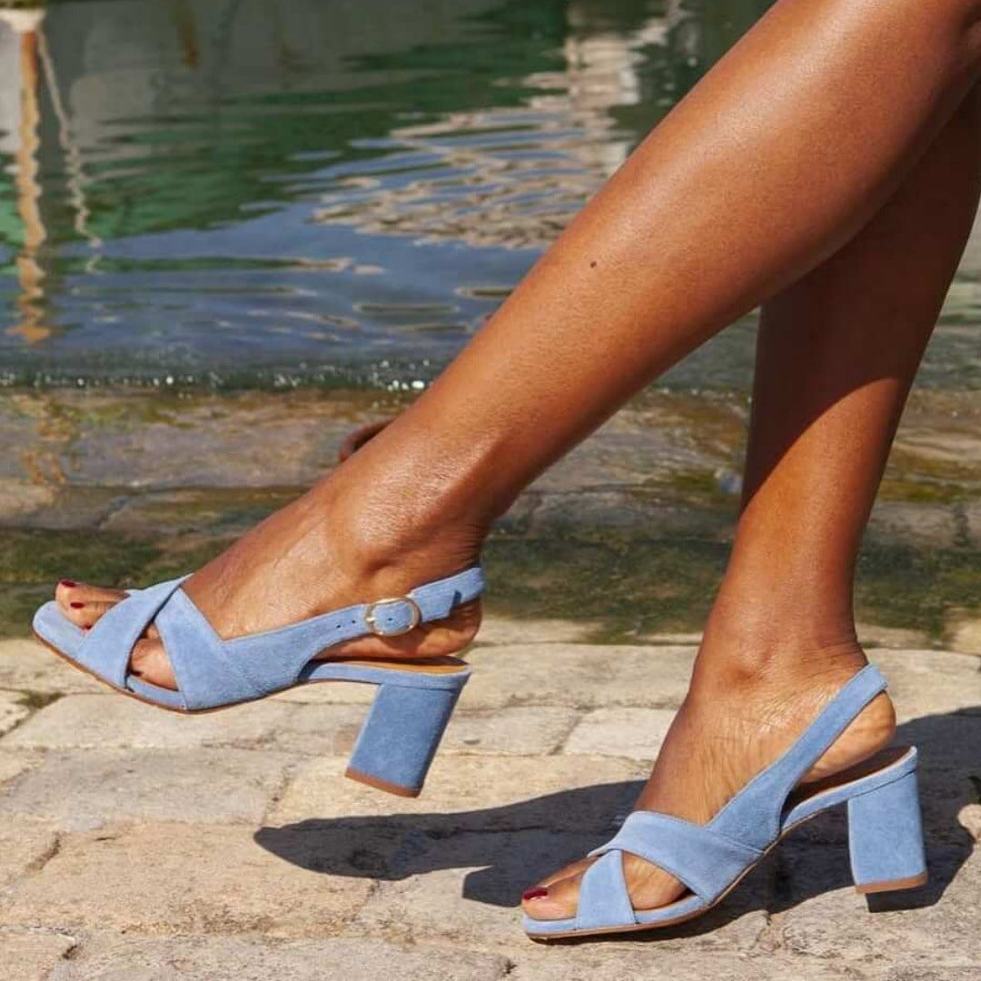 Sandalias de tacón grueso con hebilla y punta abierta para mujer | Elegantes sandalias de tacón alto estilo romano