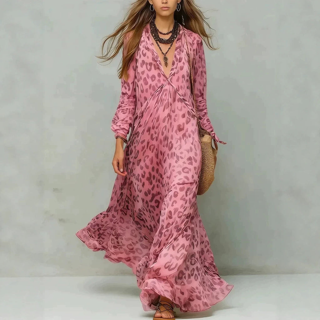 Vestido maxi acampanado de chifón con estampado de leopardo, escote pronunciado en V y manga tres cuartos para vacaciones en la playa para mujer