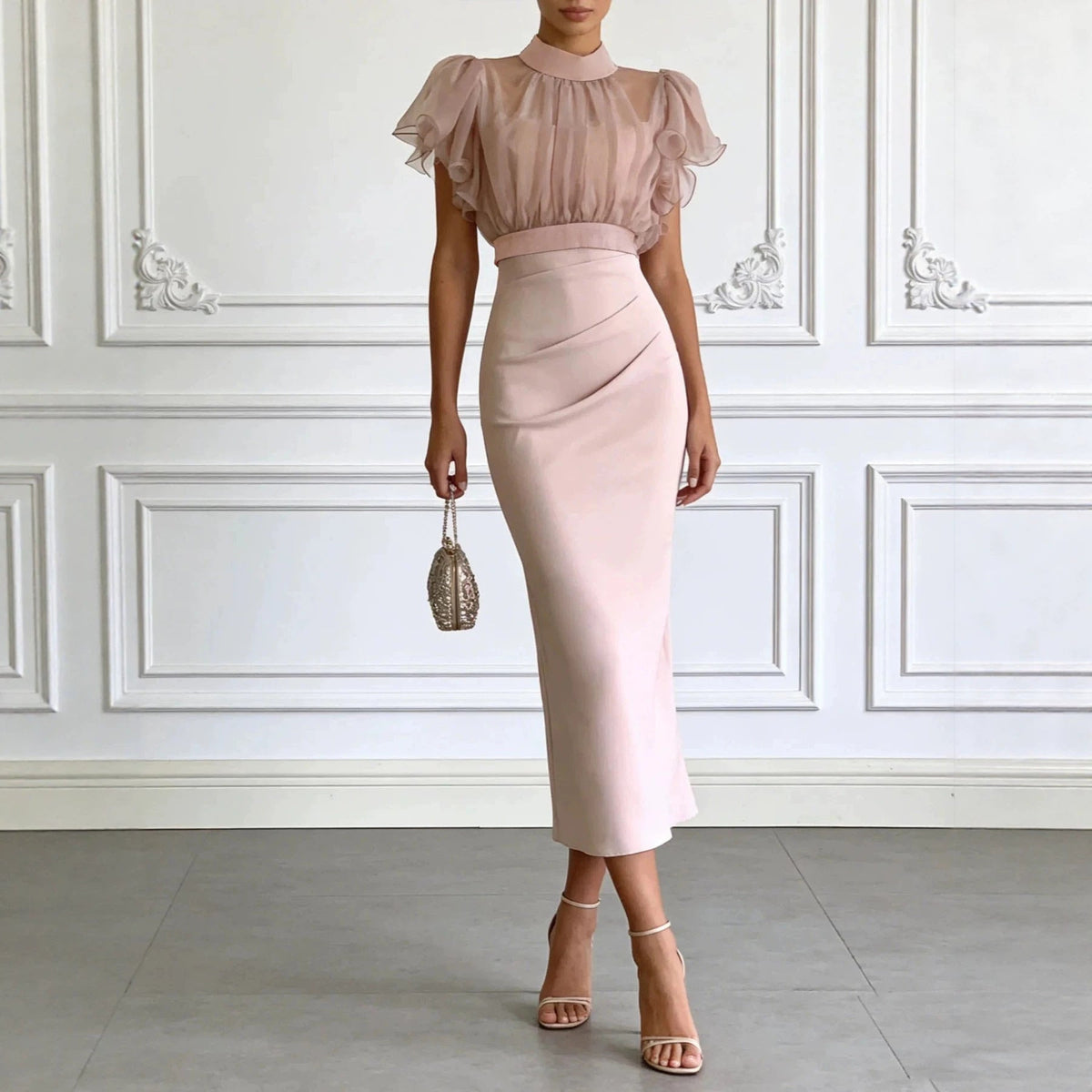Pink Mesh Lace-Up Waist Two-Piece Dress Set – Elegant Long Skirt & Top