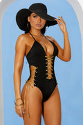 Black and Gold Lace Up Monokini