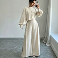 Solid Color Wide Leg Pants Set for Women – Long Sleeve Two-Piece
