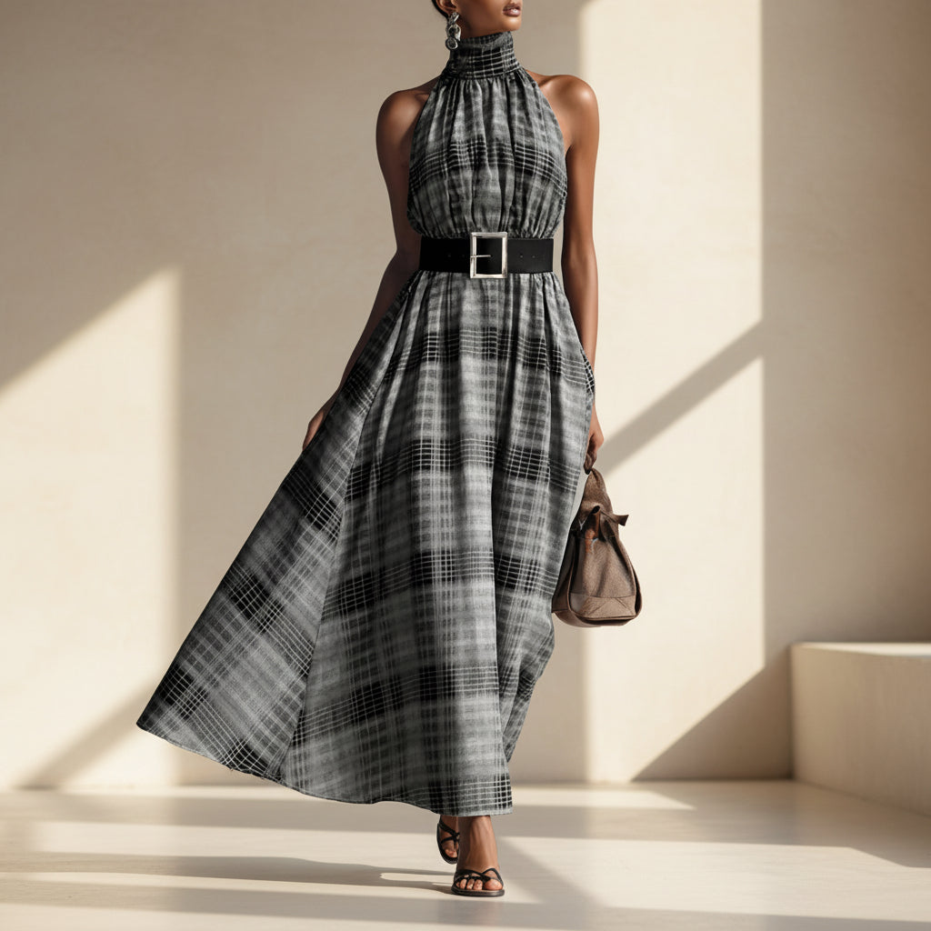Vestido largo sin mangas con cuello halter a cuadros y cintura alta para mujer – Cuadros blancos y negros