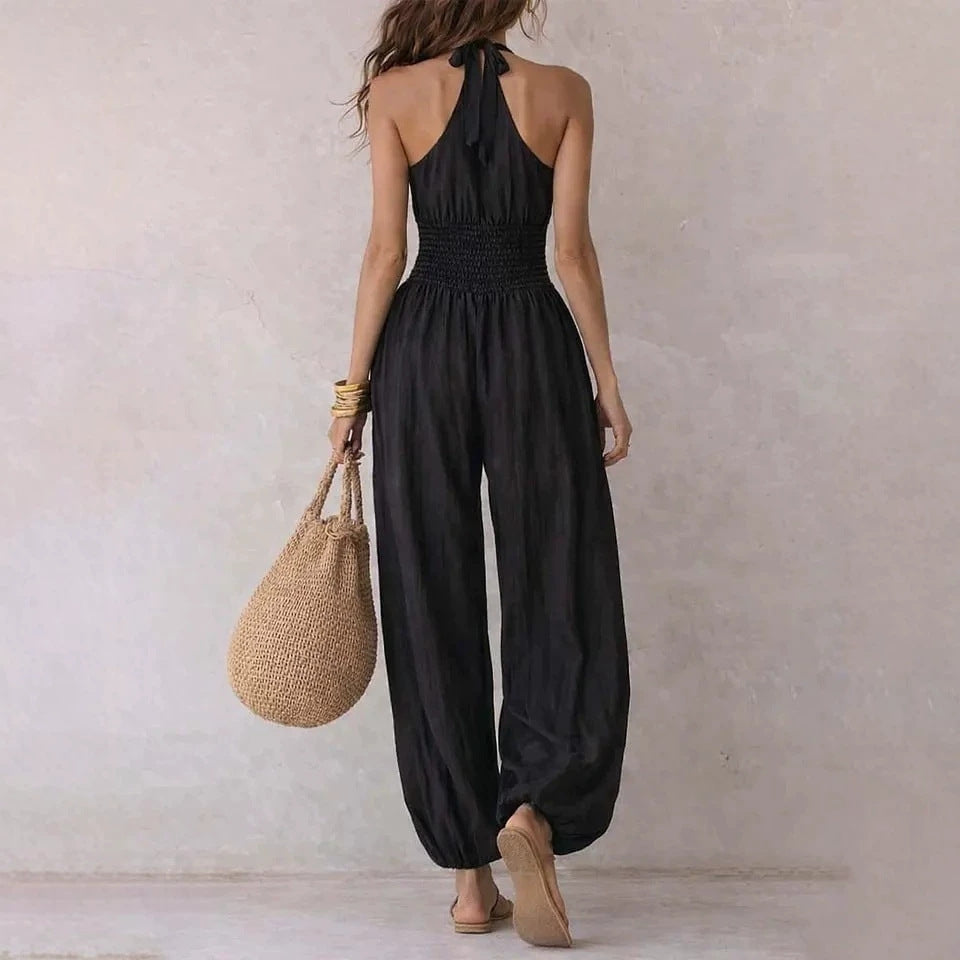 Mono de mujer con cuello halter sin mangas | Mono ancho casual entallado en negro