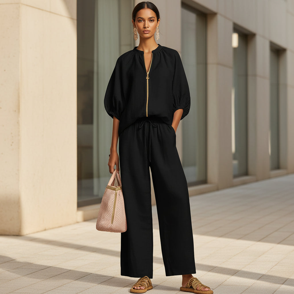 Conjunto de pantalón de pernera ancha con cremallera y cuello redondo informal para mujer